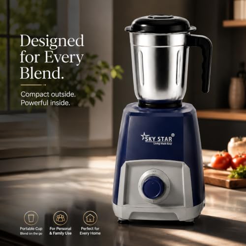 Image of Skystar Mixer Grinder Navystrom Powerful 750W Mixer For Kitchen With 4 Jars for Smoothie & Blending, Chutney Jar & Liquidizing Jar used as Wet Grinder & Blender 2 Years Warranty (Blue & Grey)