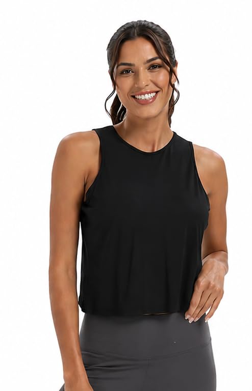 Image of Workout Tops for Women Cropped Open Back Sleeveless Tank Tops Athletic Gym Yoga Shirts Loose Fit