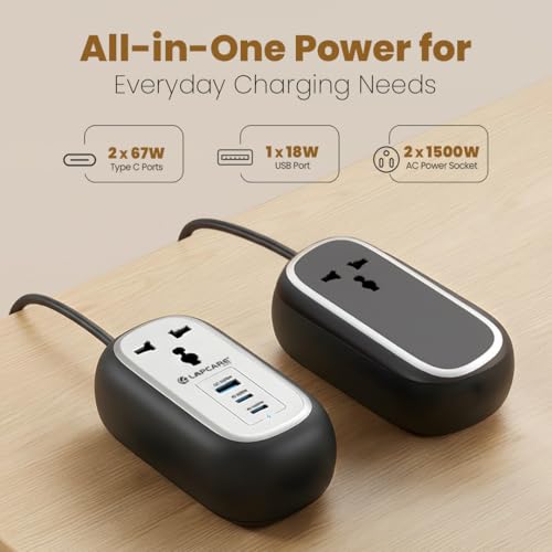 Image of LAPCARE Grip 5-in-1 Desktop Power Strip with 67W GaN Fast Charging, 2 Universal 3 Pin Socket, 2 Type-C PD Ports, 1 USB-A Port, Surge Protection, Fire-Resistant, Compact Power Hub for Home & Office
