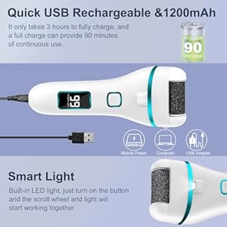 Wolady Pedicure Elettrico Professionale,Set Calli Rimozione Ricaricabile,con 3 Rulli di Ricambio,Illuminazione, kit pedicure,Illuminazione, pedicure elettrico professionale piedi (Bianco)