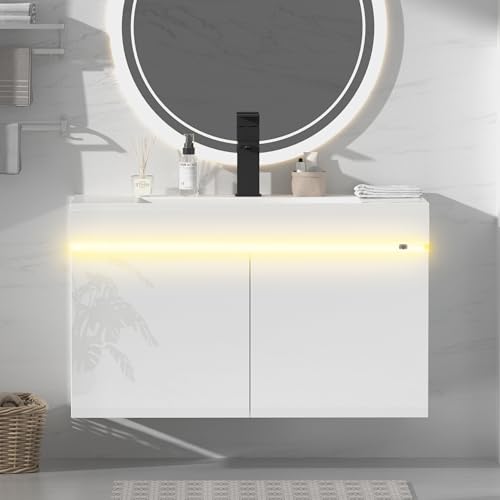AHB 24 inch Bathroom Vanity W/Sink Combo, High Gloss Bathroom Cabinet, Smart Wall Mounted Sink Cabinet Auto Motion Sensor LED Light, Modern Floating Vanity with Faucet