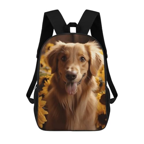 Golden Retriever Sunflower Backpack - Durable 600D Polyester, 17 Inch Backpack with Ergonomic Adjustable Straps, Lightweight Travel Bag for Men & Women