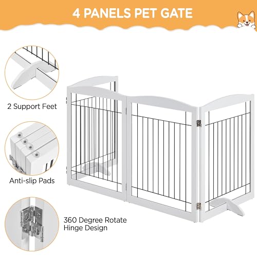 Yaheetech-32-inch-Tall-Dog-Gate-Extra-Wide-Pet-Gate-for-Dogs-Indoor-Foldable-Wire-Wooden-Puppy-Safety-Fence-w2-Support-FeetFreestanding-Dog-Gate-for-The-House-Doorway-StairsWhite4-Panels