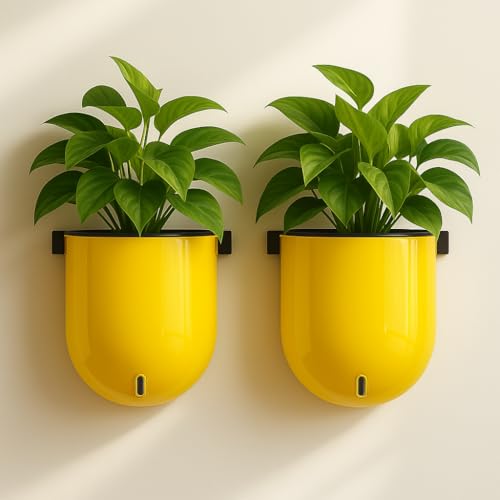 Image of Indian Discovery Self Watering Wall Hanging Planter|Hanging /Hooked Flower Pots for Home, Balcony, Vertical Garden Decor Flower Pots(2 PC, Yellow, Sphere)|6 Inch UV-Resistant Plastic Plant Pots