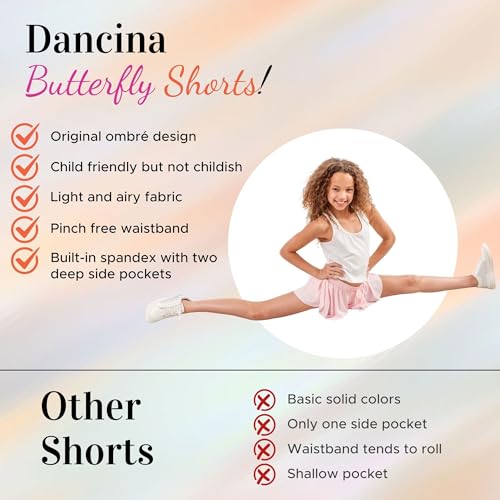 Dancina Girls Ombre Butterfly Shorts - Flowy Athletic 2-in-1 Preppy Skorts with Inner Pockets and Liner for Kids Ages 2-164