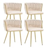Kiztir Velvet Dining Chairs Set of 4 Upholstered Modern Dining Room Chairs with Woven Back and Gold Metal Legs for Living Room, Bedroom, Kitchen (Beige)