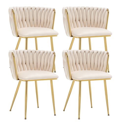 Kiztir Velvet Dining Chairs Set of 4 Upholstered Modern Dining Room Chairs with Woven Back and Gold Metal Legs for Living Room, Bedroom, Kitchen (Beige)