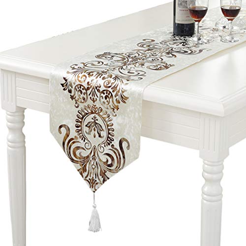 Ivory Table Runner 13x98 inches, Polyester Fabric Dresser Scarf, Classic Hot Stamping Table Runner with Tassels for Farmhouse Kitchen, Dinner Holiday Parties, Wedding, Events, Home Decor