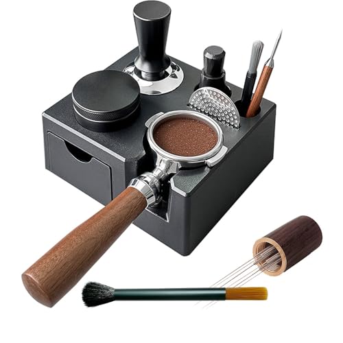 Wotendy Espresso Tamping Station with Drawer, Coffee Tamper Holder Base for 51/54/58MM Espresso Tamper Portafilters with 6 Needles Espresso Coffee Stirrer and Brush (Black)