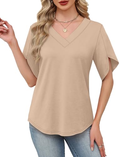 Image of WIHOLL Womens Summer Tops Short Petal Sleeve Shirts Fashion V Neck Womens Clothing