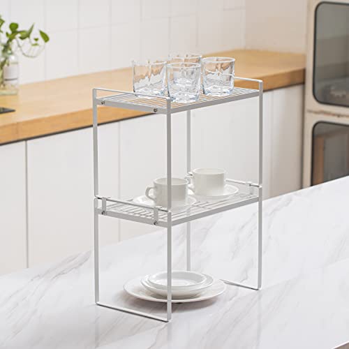Shantton 2Pk Kitchen Cabinet Shelf Counter Organizer Rack Pantry Storage Bathroom Bedroom Office Table Desk Space Saving Steel Frame Stackable Rust Resistant Non Slip White-Tall- L13In W8.3In H9.5In #TOP4