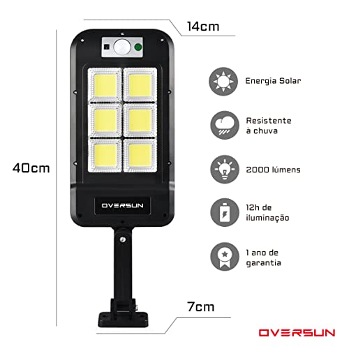 Luminária Solar Refletor Poste 2000 Lumens 12h Potente Holofote Led Luz Externa 1 Ano Garantia Overs