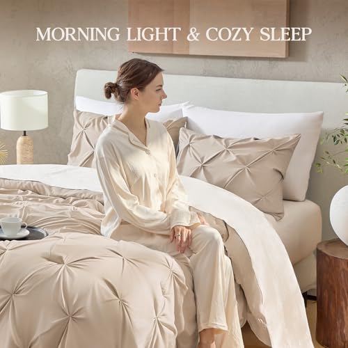 Image of Andency Oversized King Pinch Pleat Comforter Set (120 inchx98 inch),3 Piece Lightweight Pintuck Bedding Comforters & Sets, Fluffy Down Alternative Comforter with 2 Pillow Shams for All Season,Wheat