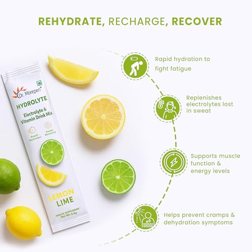 Image of Dr. Morepen Hydrolyte Electrolyte & Vitamin Drink Mix for Rapid Hydration & Faster Recovery, Lemon Lime Flavour - 10 Sachets (8.8g Each)