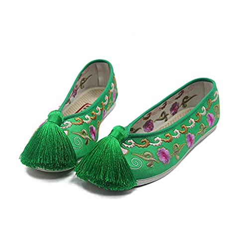 Vintage Women Flats Bride Shoes Chinese Wedding Satin Dragon Phoenix Embroidered Tassel Breathable Single Ballet Shoes Woman (Color : B, Size : 9 Code) (A 4 Code)