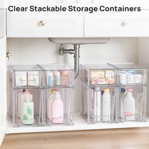 Image of Vtopmart 8 Pack Clear Stackable Storage Drawers, Pull-Out Organizers, 4 Tall and 4 Small for Under Sink, Pantry, Bathroom, Closet and Kitchen Cabinets