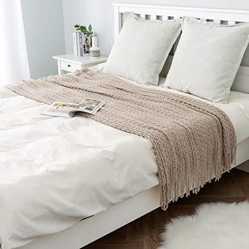 Miulee Beige Throw Blanket For Couch Soft Textured Knitted Blanket With Tassels Cozy Woven Decorative Boho Bed Blanket For Sofa Bed Chair Wave Pattern For All Seasons 50"X60" #TOP6