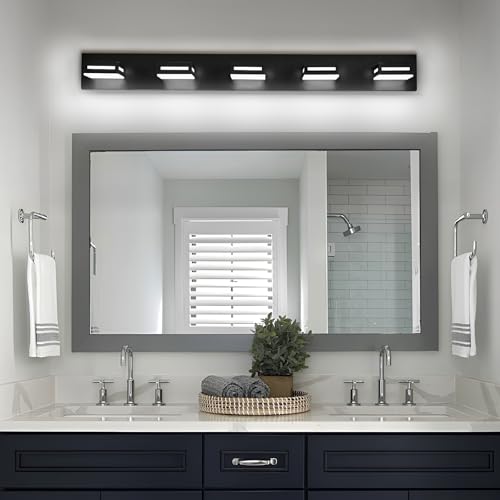Image of LED Modern Bathroom Light Fixtures, 5-Light 40-Inch Matte Black Vanity Lights for Bathroom Lighting Fixtures Over Mirror, 6000K Cool White 350 Rotatable Wall Lamp