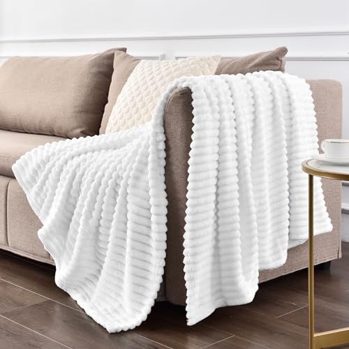 Image of BEDELITE Fleece Throw Blanket for Couch - 3D Ribbed Jacquard Soft and Warm Decorative Fuzzy Blanket - Cozy, Fluffy, Plush Lightweight White Throw Blankets for Bed, Sofa, 50x70 inches