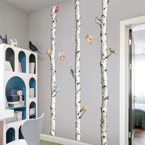 Supzone Stickers Muraux Bouleaux Oiseaux Autocollant Mural Naturel aux Couleurs Vives Déco Murale...