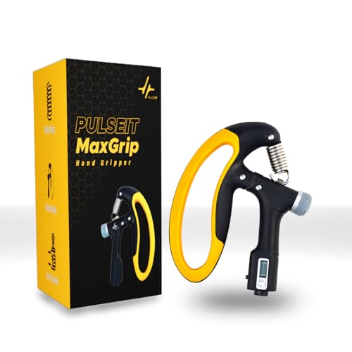 PulseITMaxGrip D-Hand Gripper with Counter– Adjustable Resistance Hand Grip Strengthener for Forearm, Wrist & Finger Training- Portable Exerciser for Men, Women & Athletes- Non-Slip Handle (Yellow)