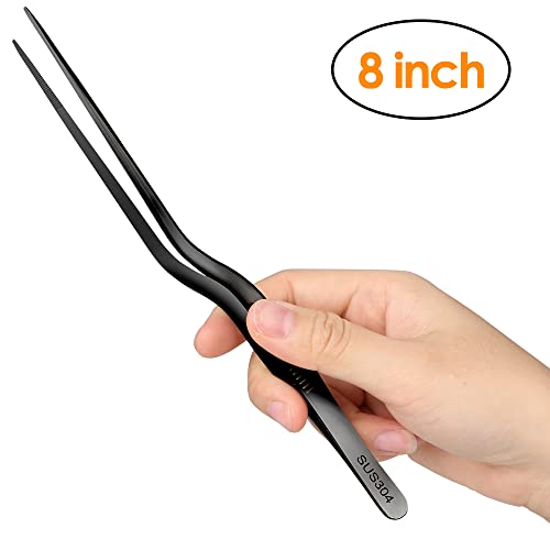 Gutsdoor 8 Inch Black Offset Ergonomic Stainless Steel Precision Culinary Tweezers