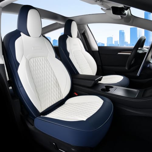 Image of Coverado Car Seat Covers for Tesla Model 3, Car Seat Covers Full Set 5 Seater, Leatherette Car Seat Covers Front Seats and Back Custom for Tesla 2017-2023 Model 3 BlueWhite