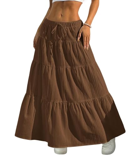 DERAX Womens Boho Flowy Maxi Skirts Elegant Flared Ruffle Hem Elastic High Waisted Summer Fall A Line Long Skirts Brown XS