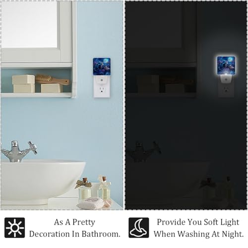 Image of NEWzone Raccoon Moon Night Light Set of 2, Auto Sensor LED Dusk-to-Dawn Nightlights, Plug-in Sensor Lamp for Bedroom Bathroom Kitchen Hallway Stairs Decorative