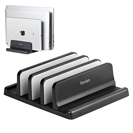 Ryvlan Vertical Laptop Stand, Adjustable 3 Slot Laptop Storage with Rubber Padding, Multiple Laptop Holder for Desk, Premium Plastic MacBook Holder, Kindle Storage, Tablet Stand, Home Office Essential
