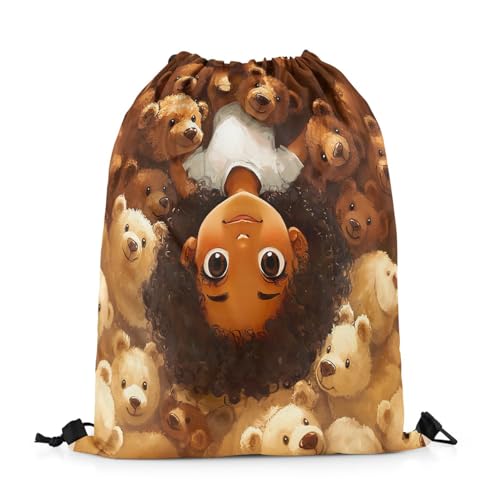 Image of jejeloiu Cute Black Drawstring Backpack 13x15.7inch African American Waterproof Gym Drawstring Bags Bear Sports String Backpack Beach Swim Travel Bag Sackpack(No Glitter)