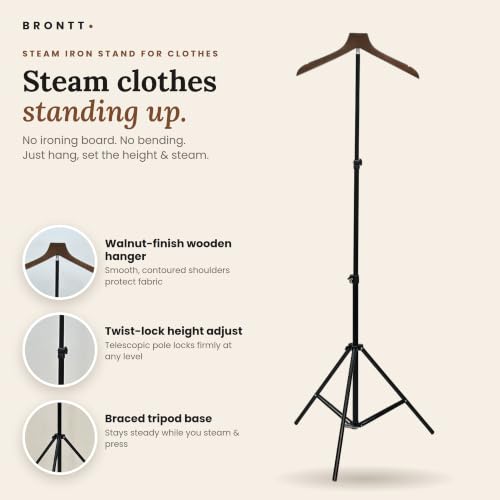 Image of Brontt 7ft Metal Steam Iron Stand for Clothes | Garment Steamer Stand & Rack | Wood Hanger Stand for Steam Iron Handheld for Clothes | Foldable Cloth Stand for Shop & Home | Dress & Coat Hanger Stand