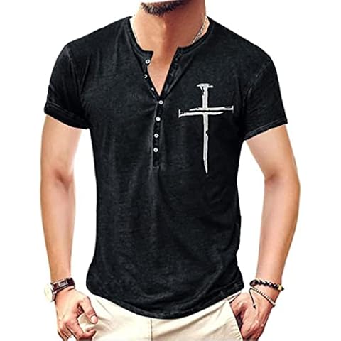 Mens T Shirts 2022 Vintage Embroidered Print T-shirts for Men V-Neck Mens Tshirts Short Sleeves Buttons Regular Fit Streetwear Summer Basics T-Shirts Tops Sports Shirts Short Sleeve Shirts,Black,L Cover