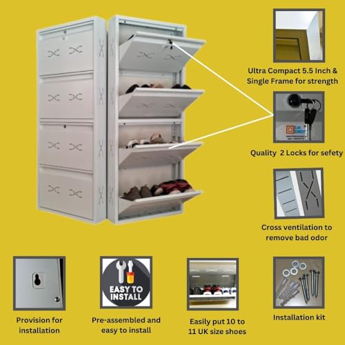 Image of I Metal Shoe Rack I Double Lock I Slim and Wall Mounted I 4 Door (Ivory Colour) I Coad LC 2M-04 IV I Height 58 Inches, Width 24 Inches, Depth 5.5 Inches I 3 Years Warranty.