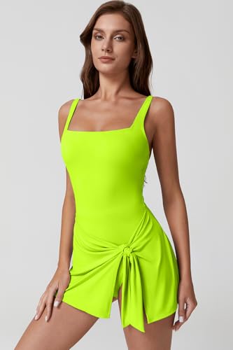 Image of QINSEN Square Neck Swim Dress for Women Tummy Control One Piece Swimsuit Wrap Bathing Suit