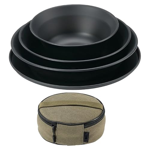 Vaisselle pour camping, assiettes inox, sac en toile et couverts réutilisables plein air