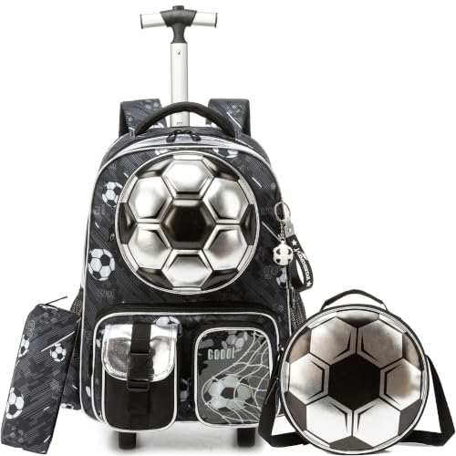 MYHSBYO Mochila infantil com rodinhas para meninos com lancheira e estojo de lápis, Futebol B, Medium, Futebol prateado