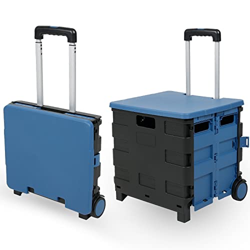 Syougen 折りたたみキャリーカート ショッピングカート コンテナキャリー キャリーカート 耐荷重35kg 45L 軽量 台車 静音 コンパクト 蓋付き 座れる キャンプ用 家庭用 飛び出し防止 簡単組立て 簡単取り付け (固定2輪, ブラック+ブルー