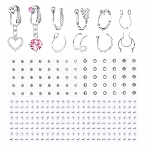 Longita Fake Piercings Fake Nose Ring Faux Septum non Piercing Lip Ring Cuff Faux Nose Stud Stick on Face Gems no Piered Eyebrow Labret Stud Clip on Belly Button Rings