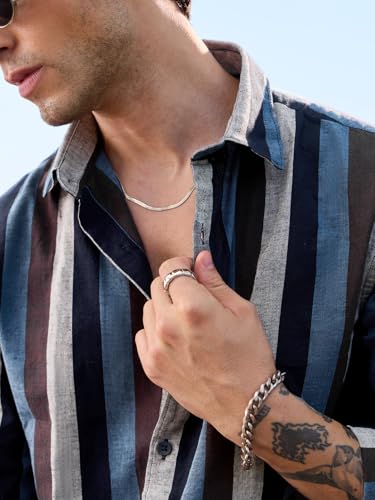 Image of The Souled Store Cotton Linen Stripes: Apricot Men and Boys Long Sleeves Collared Neck Orange Stripes Regular Fit Lightweight Comfortable Summer Cotton Linen Shirts