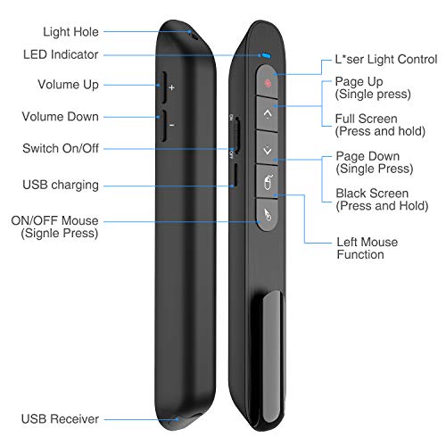 image for DinoFire Wireless Presenter Remote with Air Mouse, Rechargeable PPT Pr