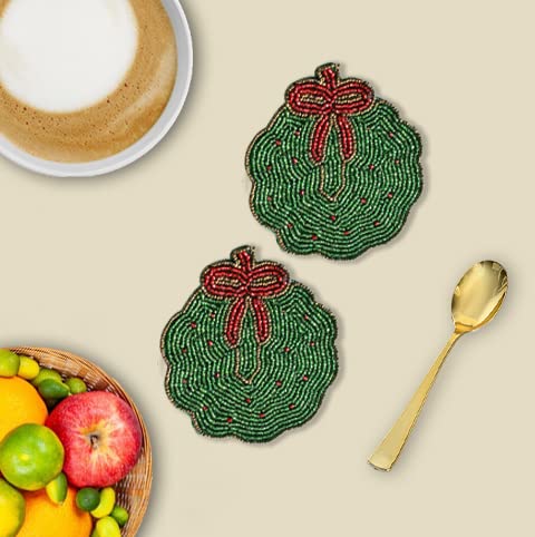 Indian-Handmade-Fully-Glass-4-Beaded-Coasters-for-Dinning-and-Coffee-Top-Table-Accessories-for-Home-Decore-and-Thanksgiving-Gift-Set-of-2-PC-Red-and-Green
