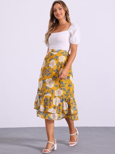 Image of Allegra K Women's Printed Skirt 2025 Weekend Trendy Summer Chiffon Ruffle Tiered Flowy Midi Skirts