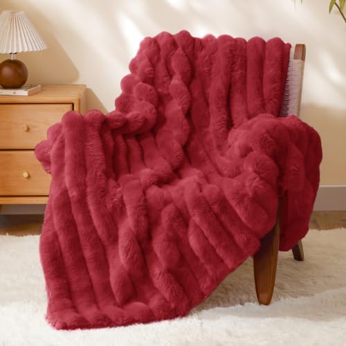 Image of BEDELITE Faux Fur Throw Blanket for Couch, 770GSM, 50 inch x 60 inch, Red | Soft and Cozy Luxurious 3D Striped Fluffy Blanket, Warm Plush Fuzzy Faux Rabbit Fur for Women Gift, Stylish Room Decor
