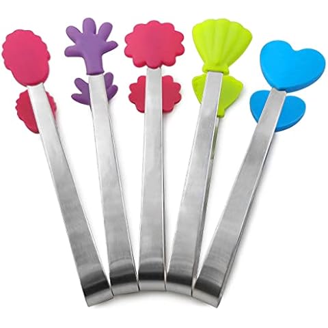 Daycount 5pcs Stainless Steel Sugar Tong 5-Inch Mini Serving Tongs With Creative Silicone Head, For Tea Coffee Party Cover