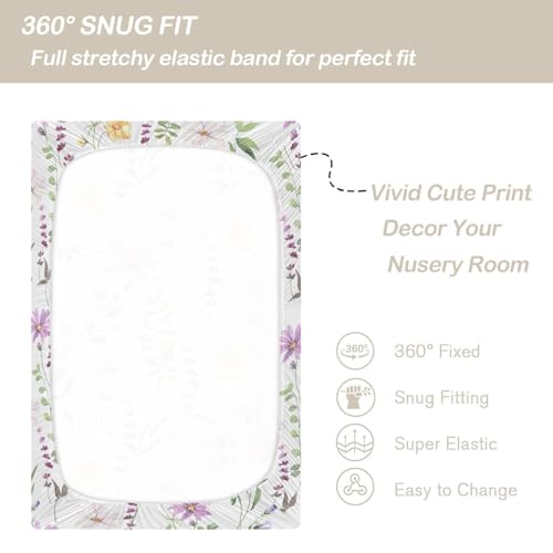 Image of CaTaKu Baby Crib Sheets Floral Flowers Lavender Mini Crib Sheets Fitted for Girls Boys,Neutral Soft Toddler Mattress Bed Sheets for Crib,27 inchx 39 inch