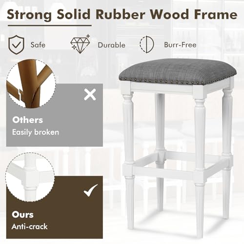 Conjunto de 4 butacos tapizados COSTWAY, ajustables en 3 alturas (31"/27"/19"), sin respaldo, cuadrados, con reposapiés, asientos acolchados, estructura de madera de caucho, para isla de cocina miniatura 7