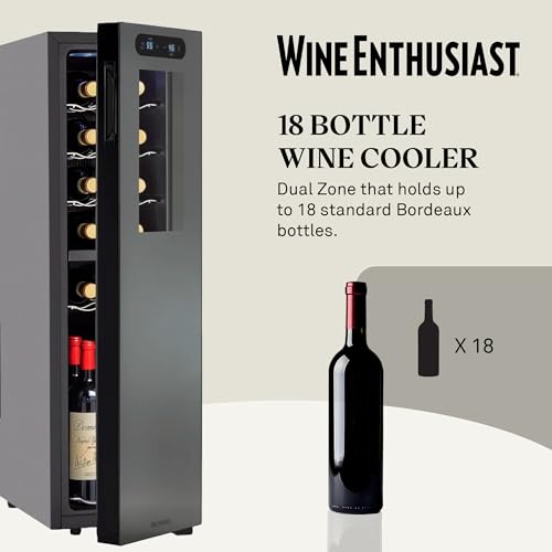 Image of Wine Enthusiast 18-Bottle Slimline Dual Zone Wine Cooler - Energy Efficient Freestanding Wine Refrigerator - Upright Bottle Storage, Adjustable Thermostat, Digital Touchscreen (20.5 inch x 10.7 inch x 36.8 inch)