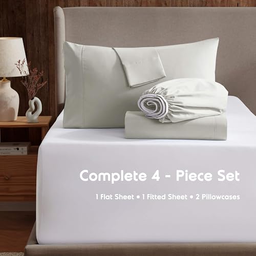 Image of Nestl Short Queen Bed Sheet Set - Off White - 4-Piece Deep Pocket | Instantly Soft, Night-One Ready (No Wash Required). Fits 16-Inch Deep Pockets, 360-Degree Elastic Grip