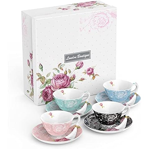 London Boutique Tea Cup and Saucer Set 4 Afternoon Tea Set New Bone China Vintage Flora Gift Box 200m Mixed Colours Cover
